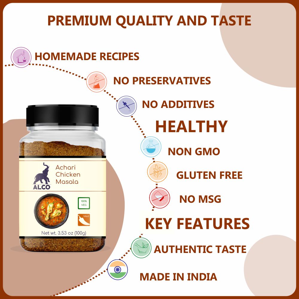 alco foods Achari Chicken Masala 100g Jar- Feature