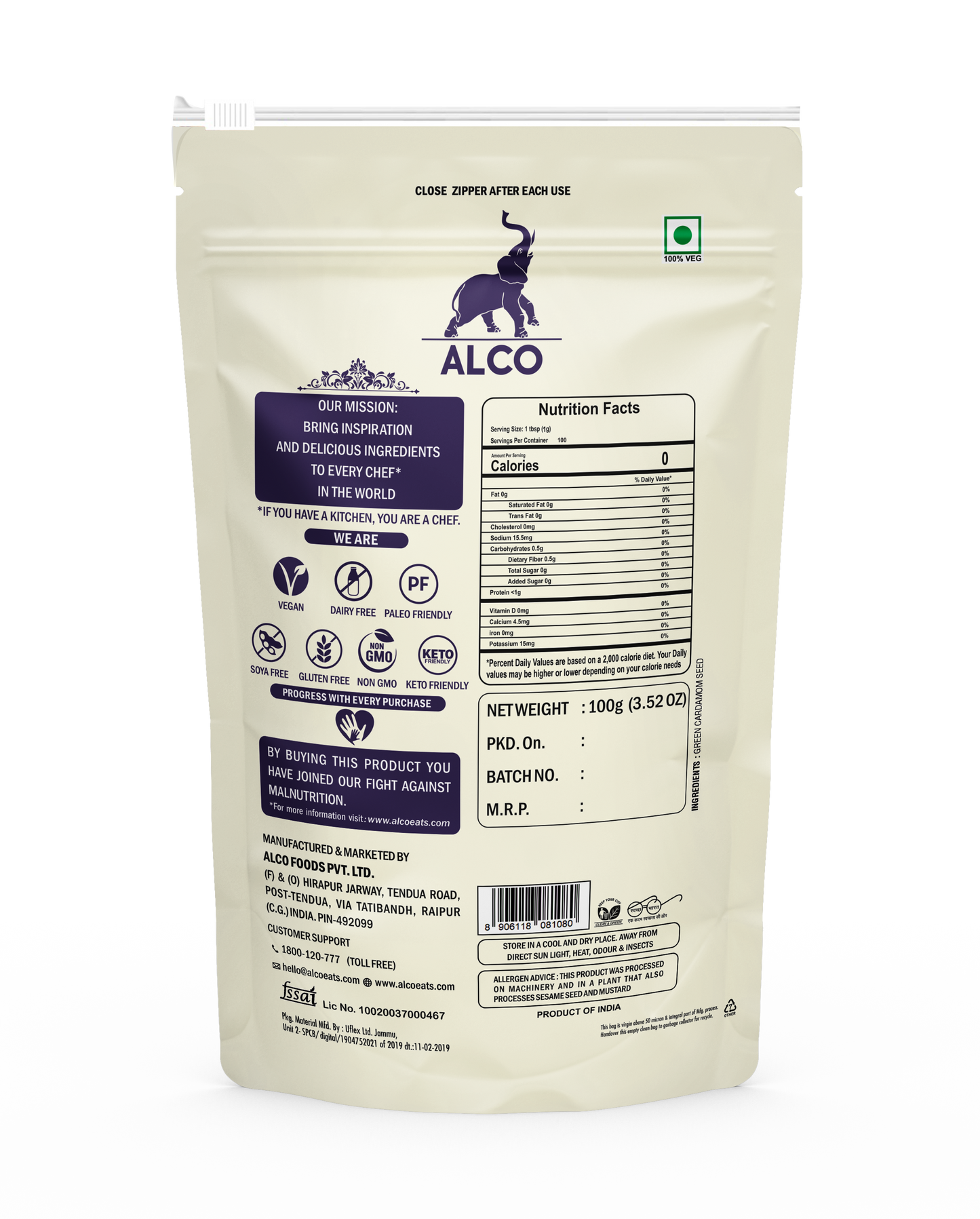 alco foods Elaichi Dana Powder 100g back