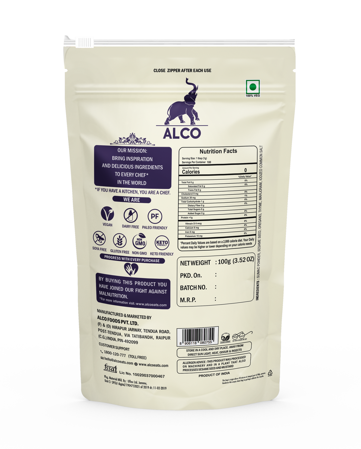 alco foods Zatar Seasoning 100g back