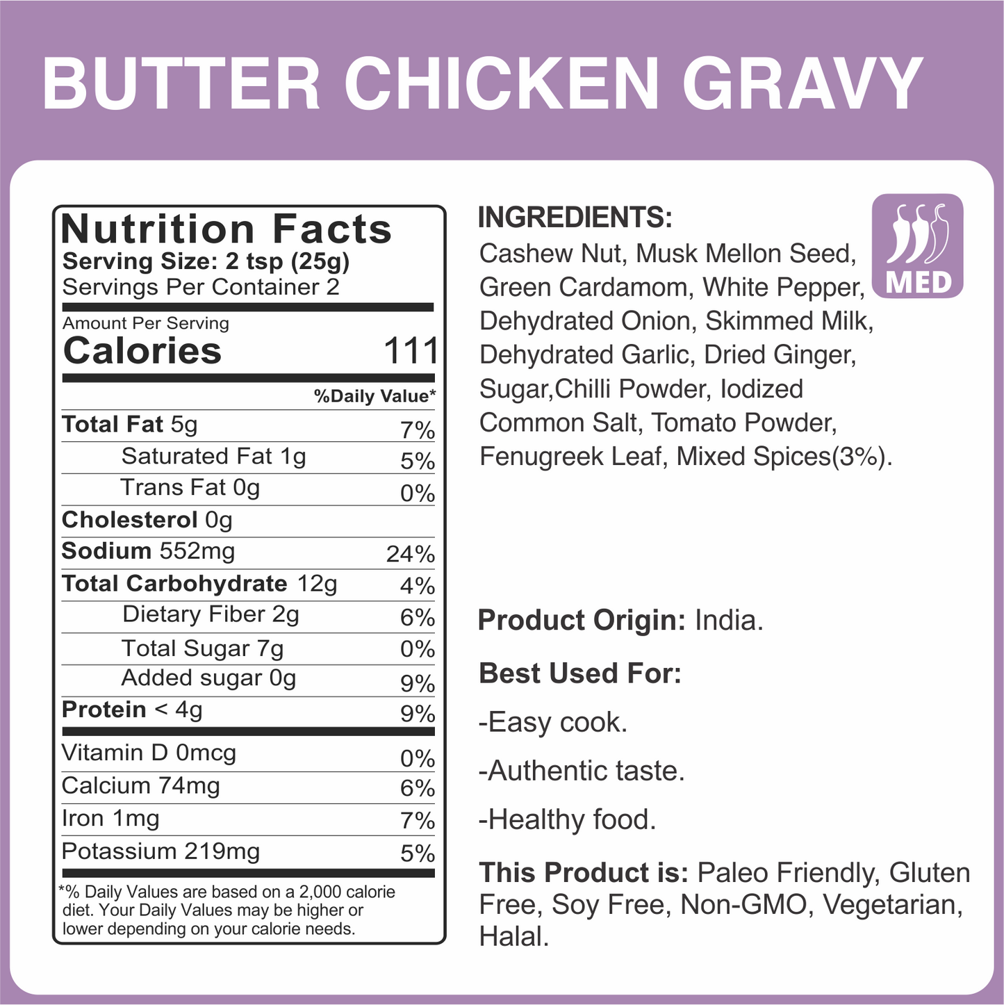 Alcofoods Butter Chicken Gravy 50g - Nutrition