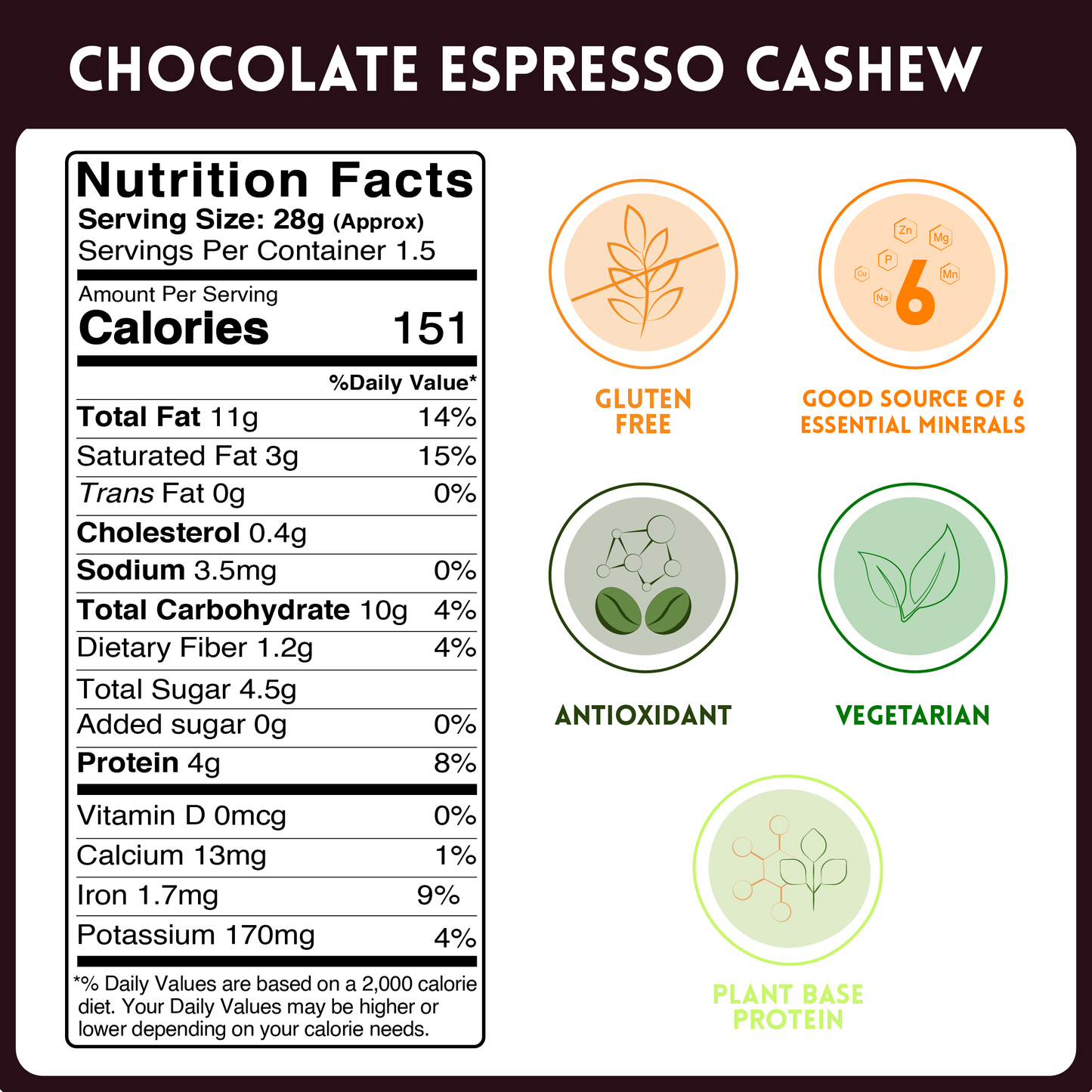 alcofoods Chocolate Espresso Cashew Nutrition Fact