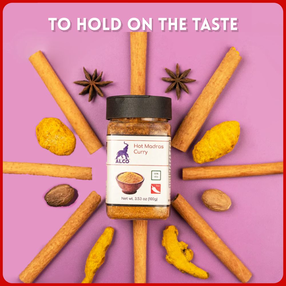 alco foods Hot Madras Curry 100g Jar- Real Image