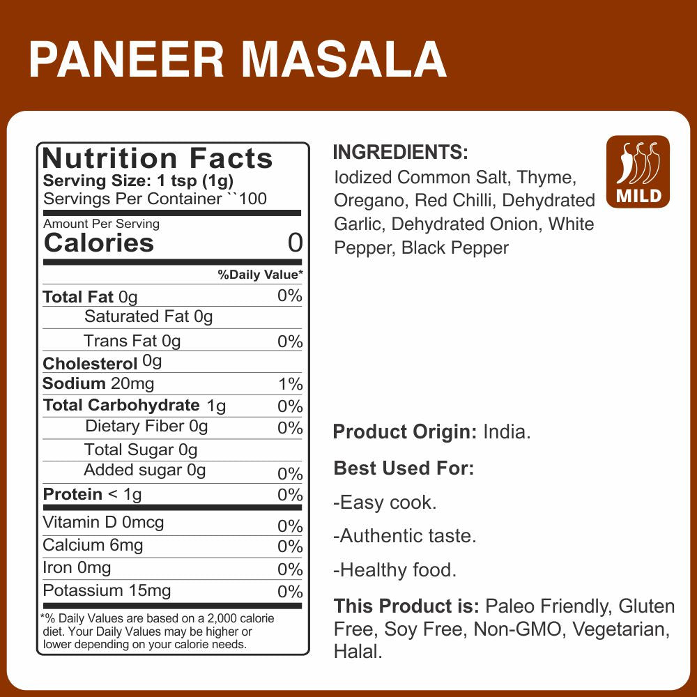 alco foods Paneer Masala 100g Jar- Nutrition