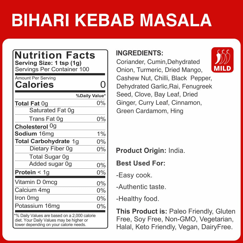 alco foods Bihari Kebab Masala 100g Jar- Nutrition