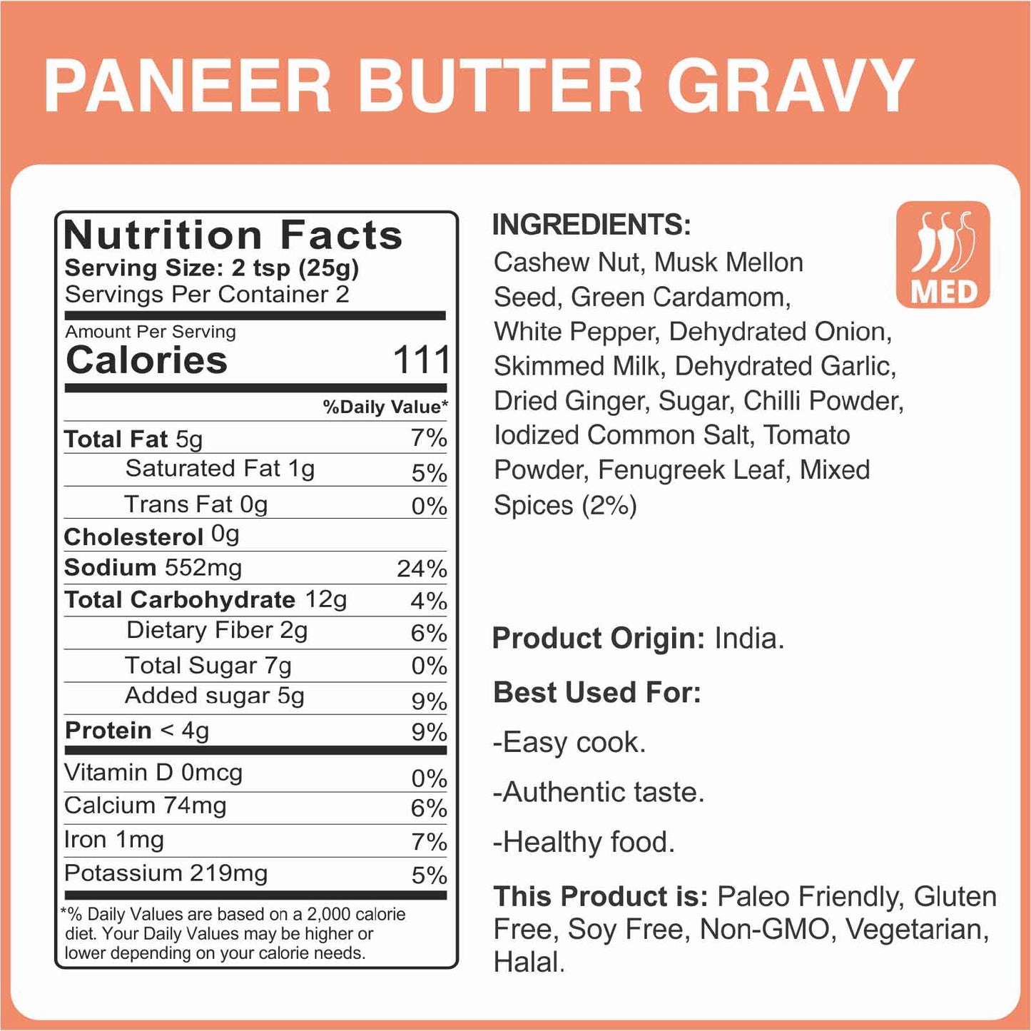 Alcofoods Paneer Butter Gravy 50g - Nutrition