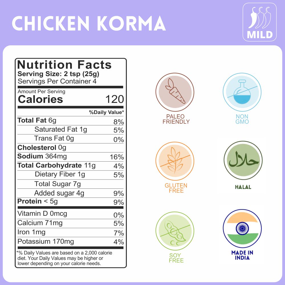 alcofoods Chicken Korma Gravy 100g Jar- Nutrition