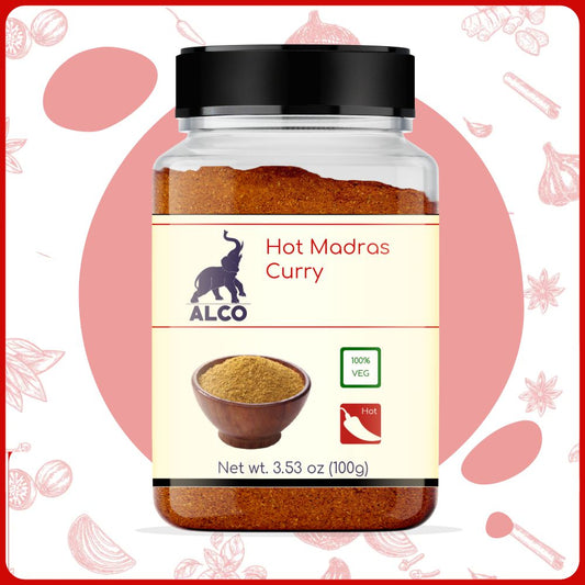 alco foods Hot Madras Curry 100g Jar- Front
