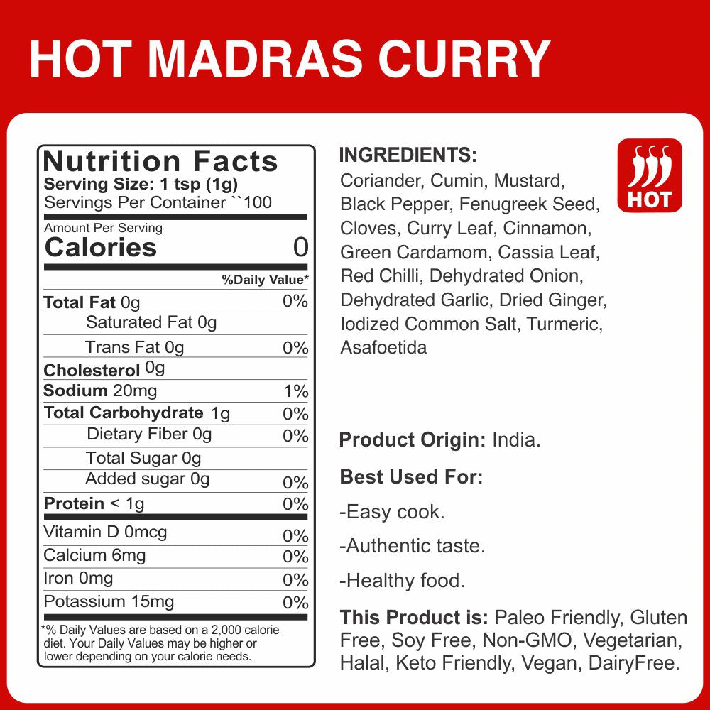 alco foods Hot Madras Curry 100g Jar- Nutrition