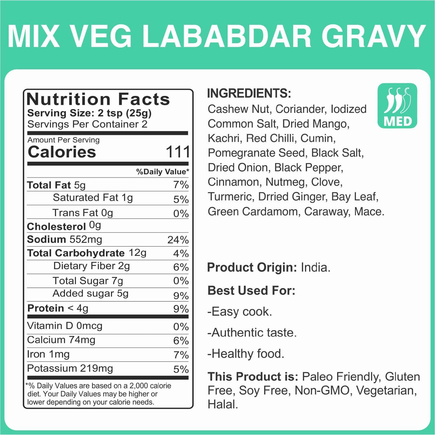 Alcofoods Mix Veg Lababdar Gravy 50g - Nutrition