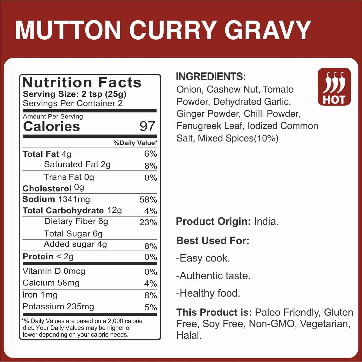Alcofoods Mutton Curry Gravy 50g - Nutrition