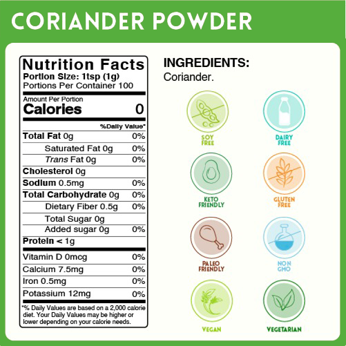 alco foods coriander powder- 500g- nutrition